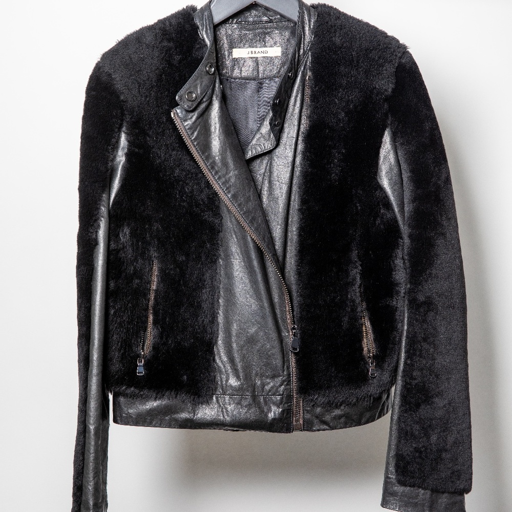 J Brand Black Leather Jacket with Faux Fur